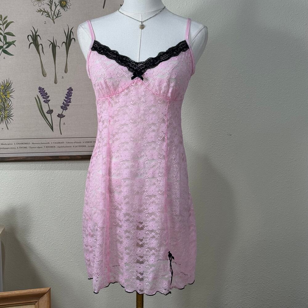 Pink Sheer Lace Nylon Slip Dress Coquette Romantic Sexy Femme Garden Party S